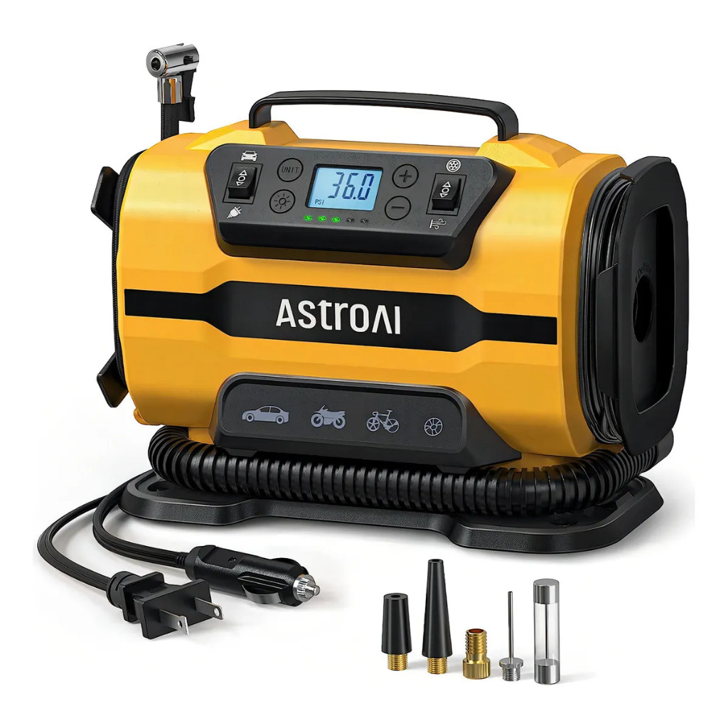 AstroAI Compressor de Ar 150 PSI 12V DC/110V AC Dupla Alimentação para Carros, Motos e Bicicletas