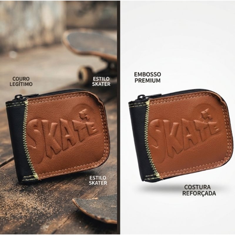 Carteira Masculina Couro Fecho Zíper Cartão Notas CNH Porta Moedas