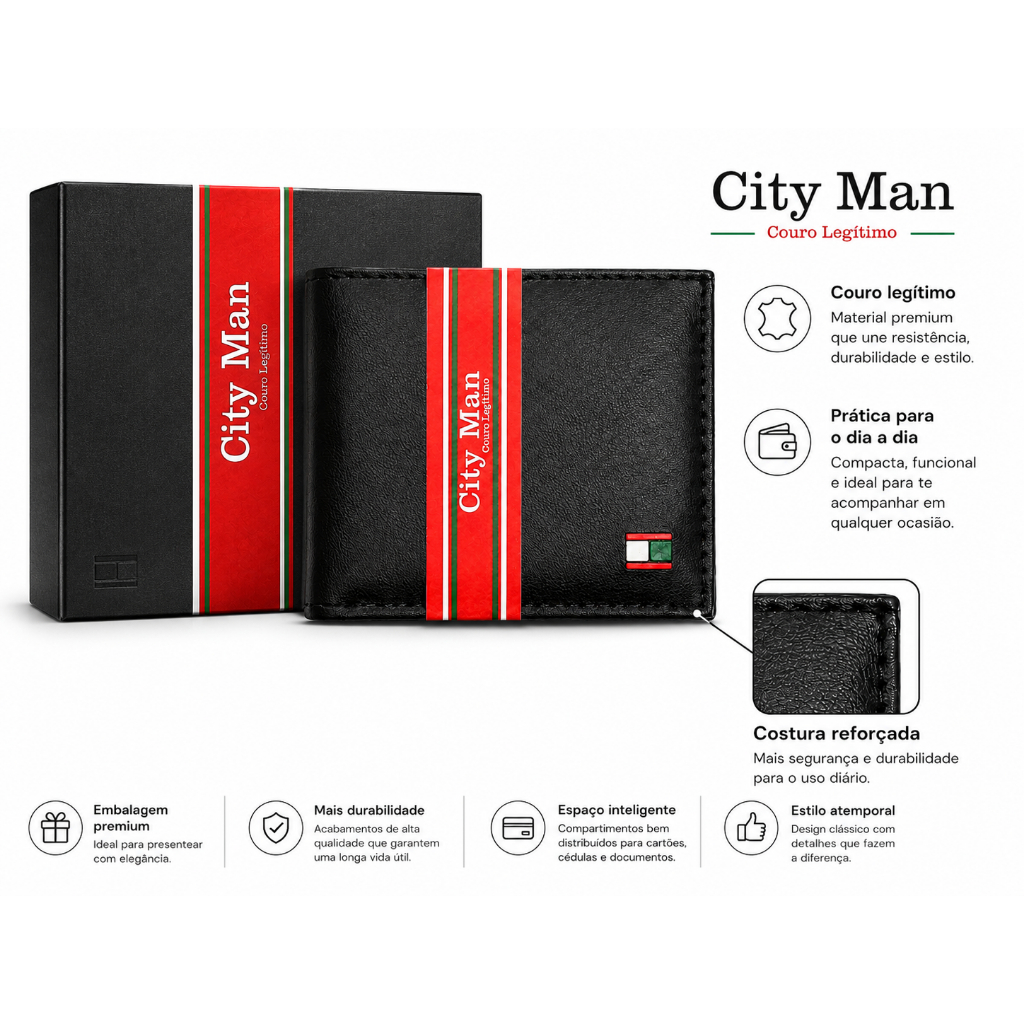 carteira masculina social de couro legitimo na caixa de presente