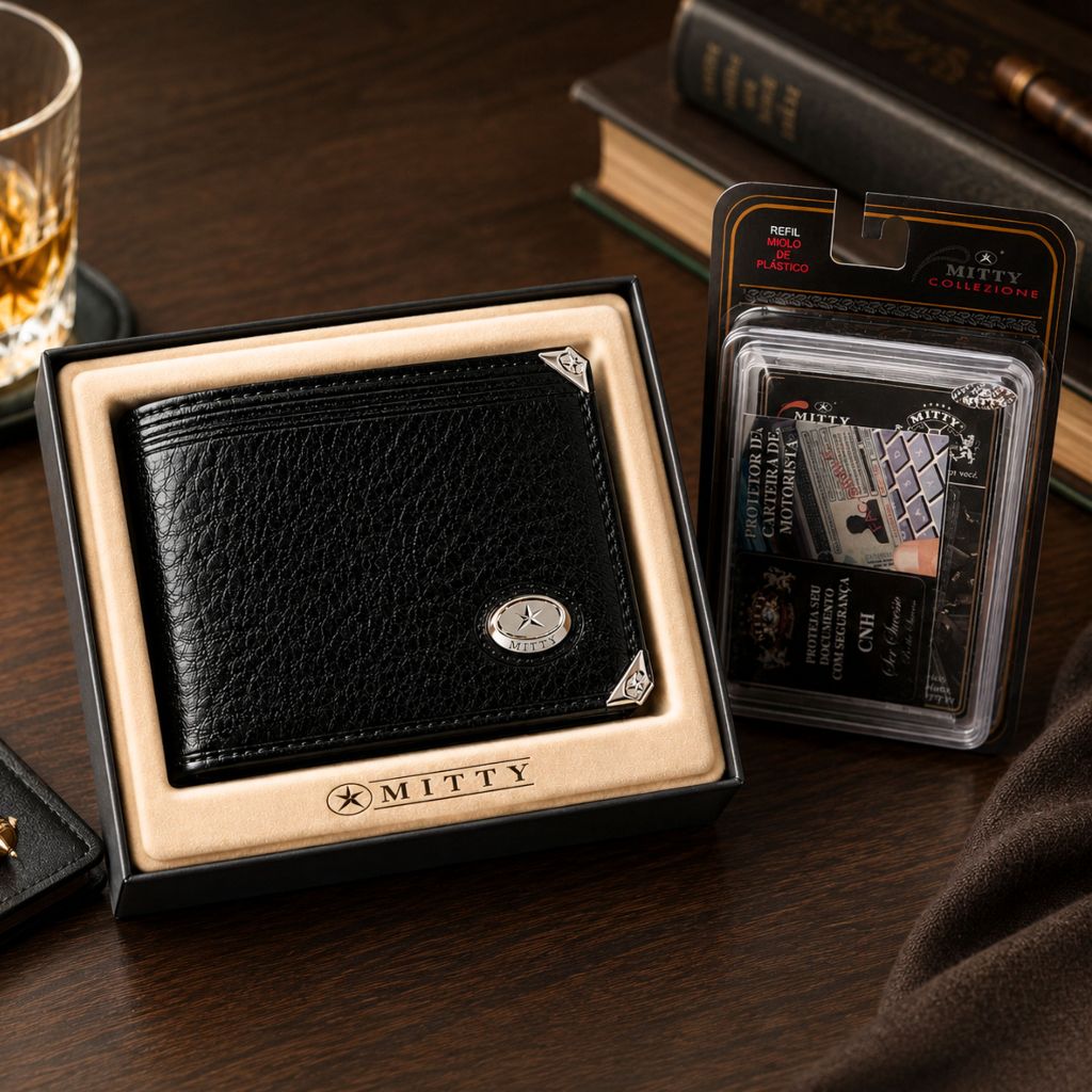 Kit Combo Masculina Carteira Media Mitty Couro Legitimo + Refil Mitty Premium M2 PLM2 PRETO