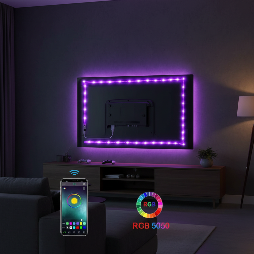 Fita de LED com Bluetooth, faixa RGB, lâmpada flexível, autoadesiva, para TV, mesa, SMD 5050, 5V, luz de fundo, diodo,