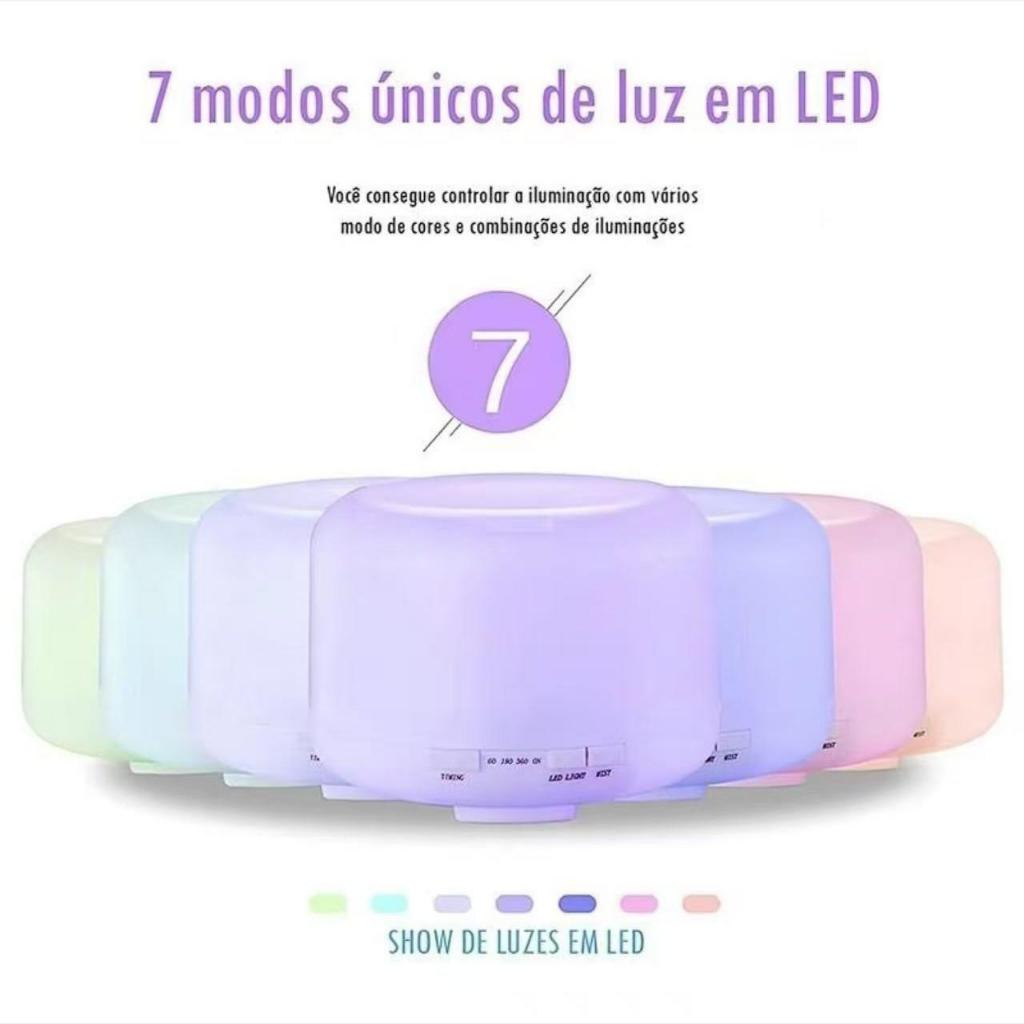 Umidificador Difusor Aromatizador 500ml UltrassÃ´nico Estilo Branco com Led 7 cores com controle Aromaterapia Natural
