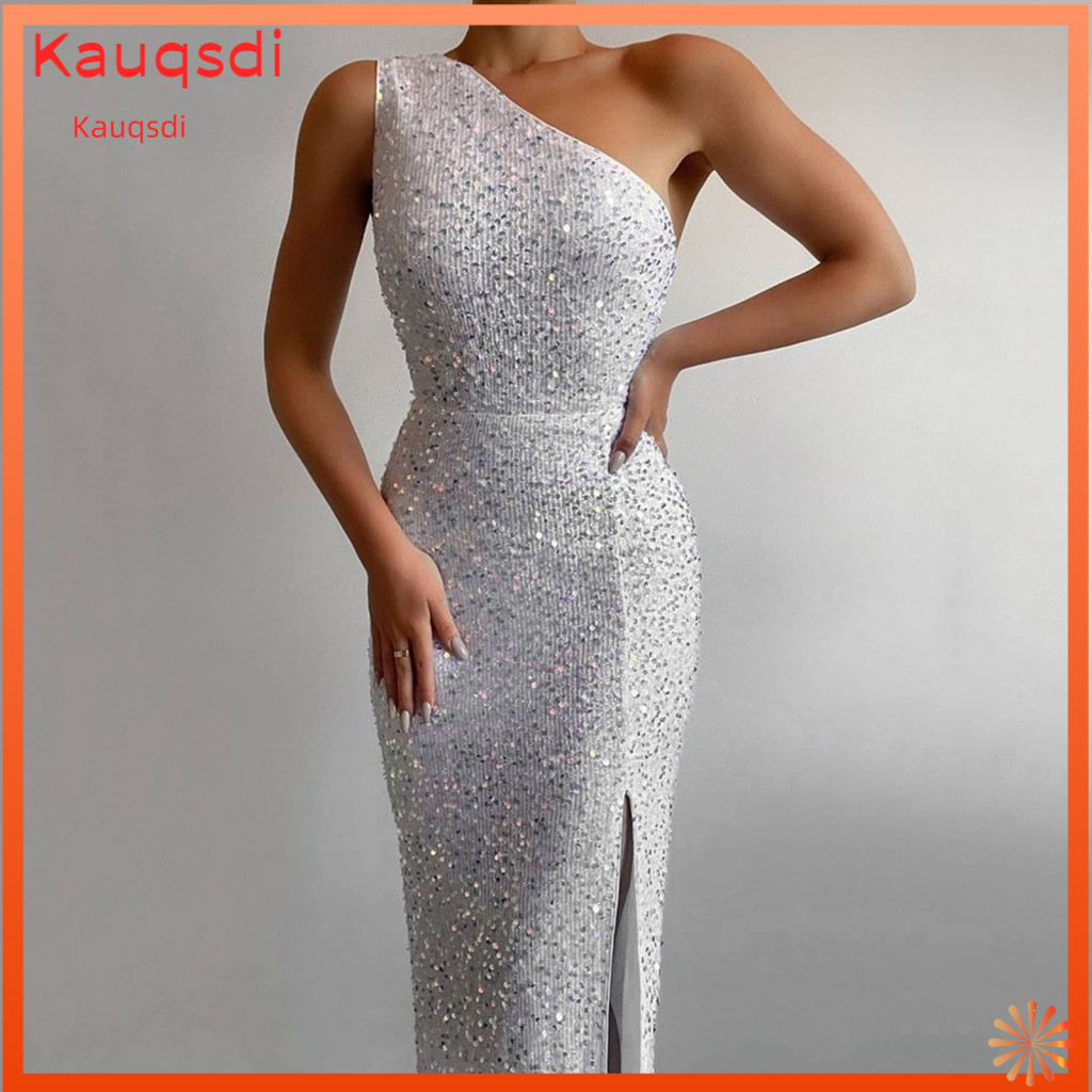 One-shoulder Bodycon Dress Sequin Slit Elegant One Shoulder Evening for Women – Slim Fit Maxi Prom Party Gown with Sla