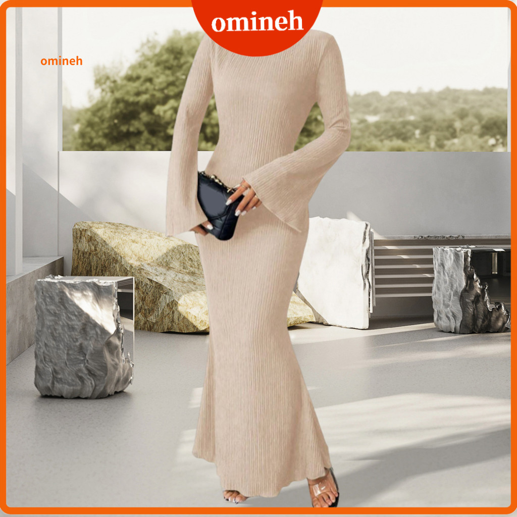 Women Solid Color Dress Long for Women's Bell Sleeve Bodycon Maxi Mock Neck Slim Fit Party Cocktail Elegant Fall Wedding