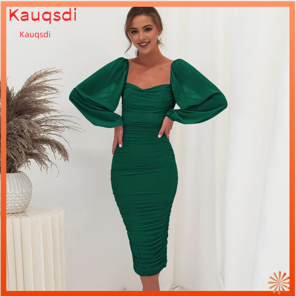Women Long Dress Square Collar Women’s Neck Mesh Lantern Sleeve Pleated Bodycon Midi Elastic Mid-calf Length Evening f