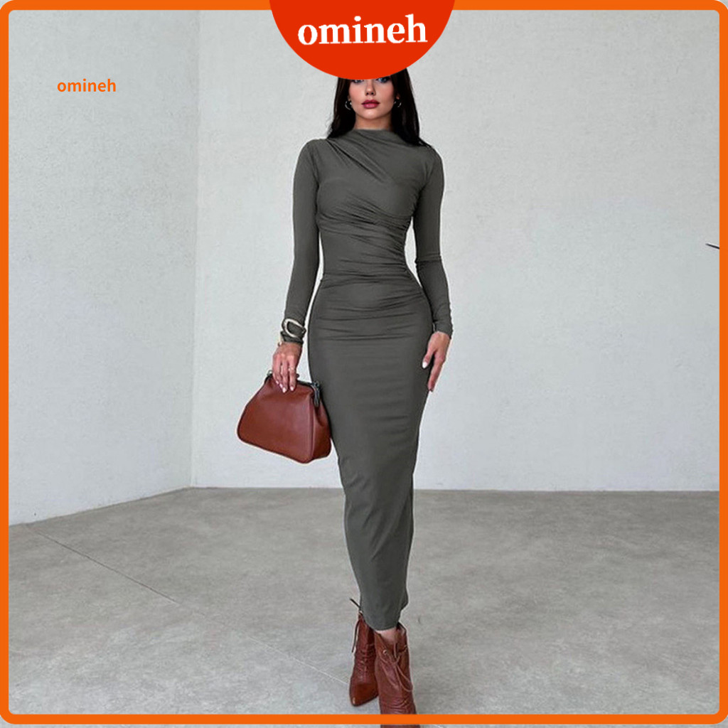 Women Tailored Fit Dress Slim Cut for Women’s Bodycon Midi Mock Neck Long Sleeve Ruched Party Cocktail Formal Fall Wed