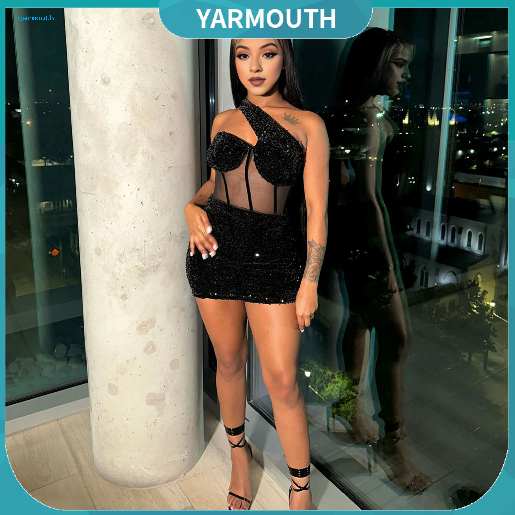Women Short Sequin Dress Party Sheath Club Off Shoulder Mini Slim Fit Bodycon Mesh Sleeveless Ultra Patchwork for