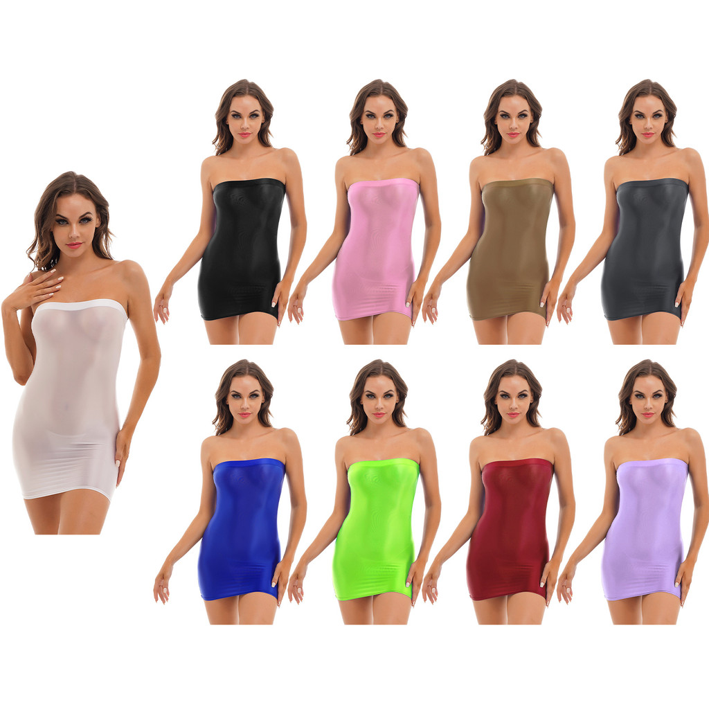 inhzoy Womens Glossy Strapless Pencil Dress Solid Color Stretchy Bodycon Dresses Clubwear Nightwear