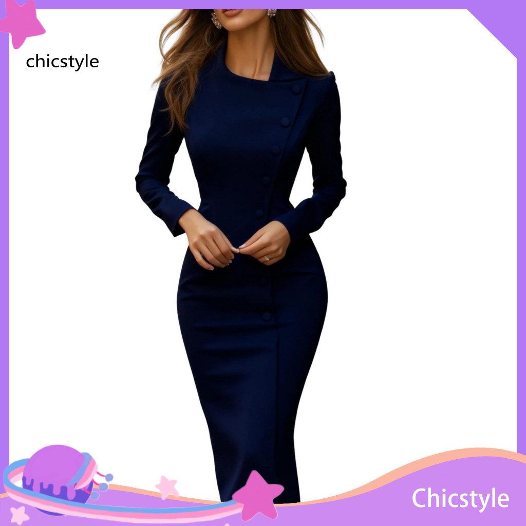 Neckline Hierarchy Detail Dress Women Asymmetrical Women’s Formal Bodycon Midi Single Breasted Long Sleeve Sheath for