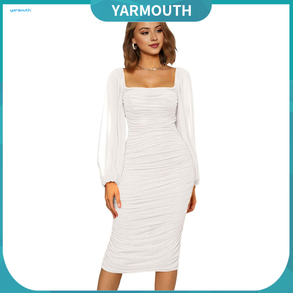 Slim Fit Evening Dress Women Long Women’s Square Neck Mesh Lantern Sleeve Pleated Bodycon Midi Elastic Mid-calf Length