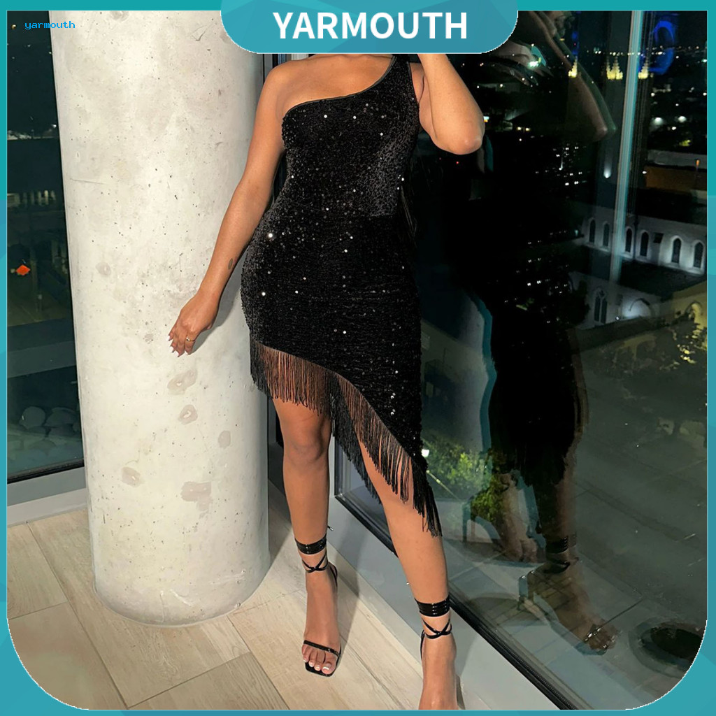 Evening Dress with Tassel Decoration Women Party Women’s Sequin One-shoulder Bodycon Midi Slant Hem Cocktail Wedding C