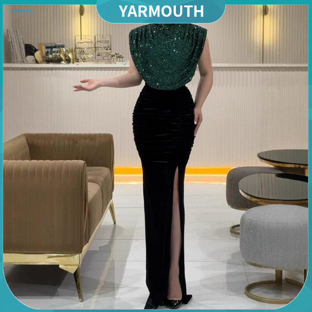 Women Sequin Dress Bodycon Women’s Glitter Evening Party Round Neck High Waist Split Long Gown Elegant Formal Wear for