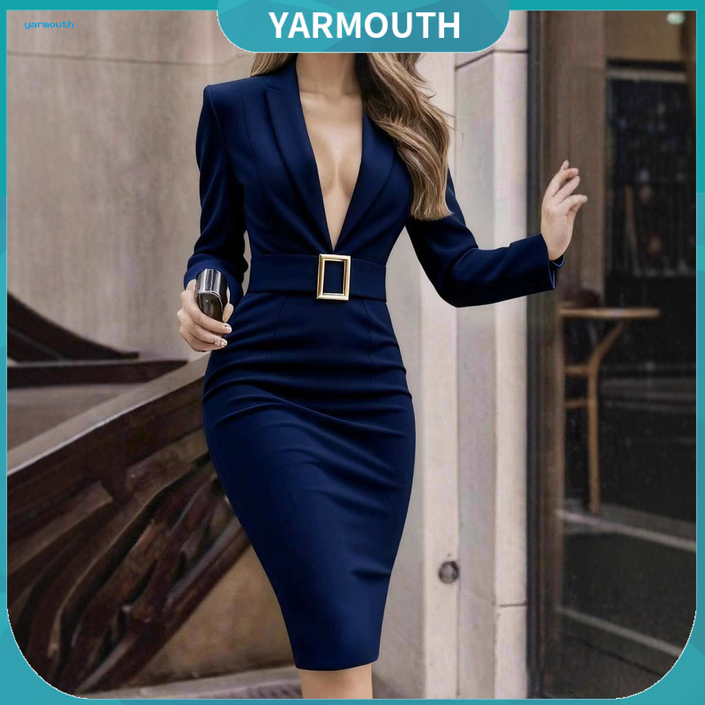 Hip-covering Knee-length Dress Classic Suit Tailoring Women’s Long Sleeve Bodycon Sheath V Neck Office Workwear Busine