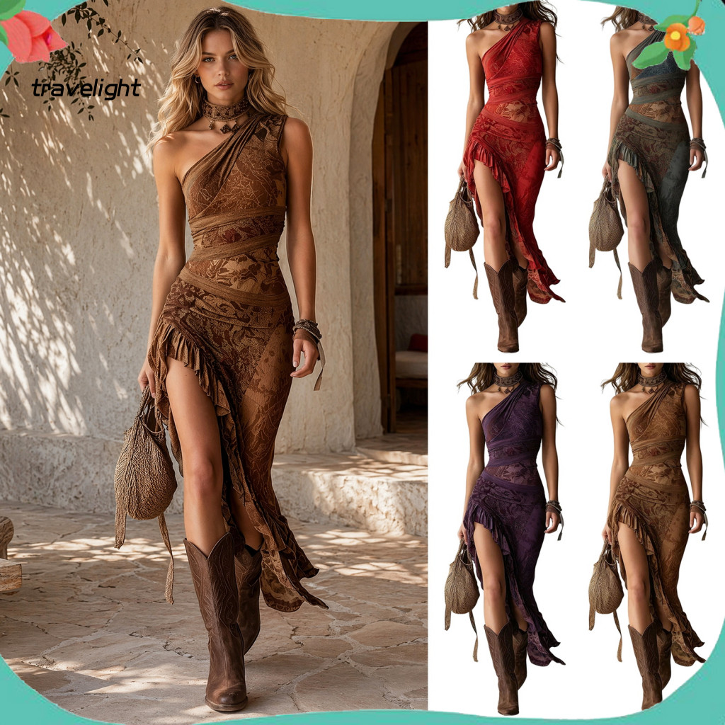 Women Pleated Dress Lace Hem Women’s Floral Print One Shoulder Maxi Boho Bodycon with Asymmetrical Ruffle and Side Spl
