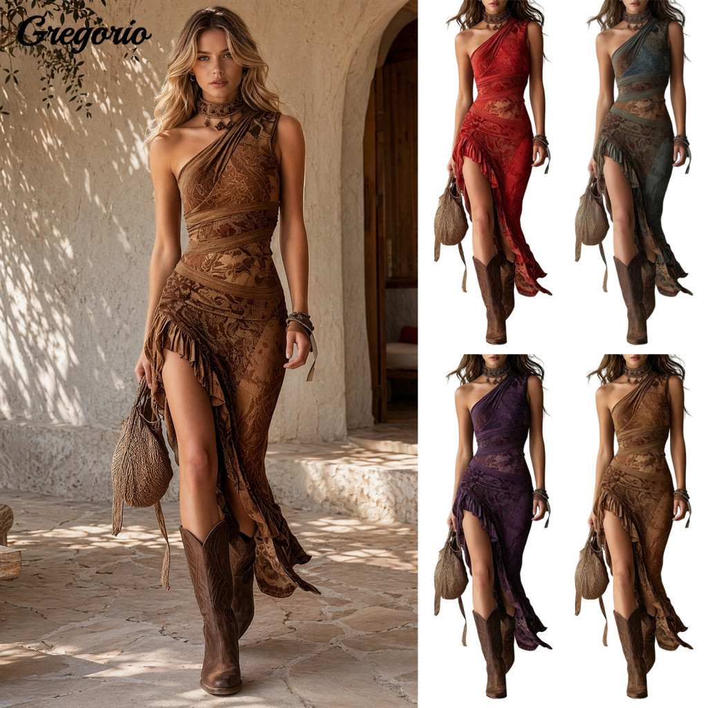 Women Pleated Dress Slim Fit Women’s Floral Print One Shoulder Asymmetrical Ruffle Hem Bodycon Maxi Vintage Boho Style