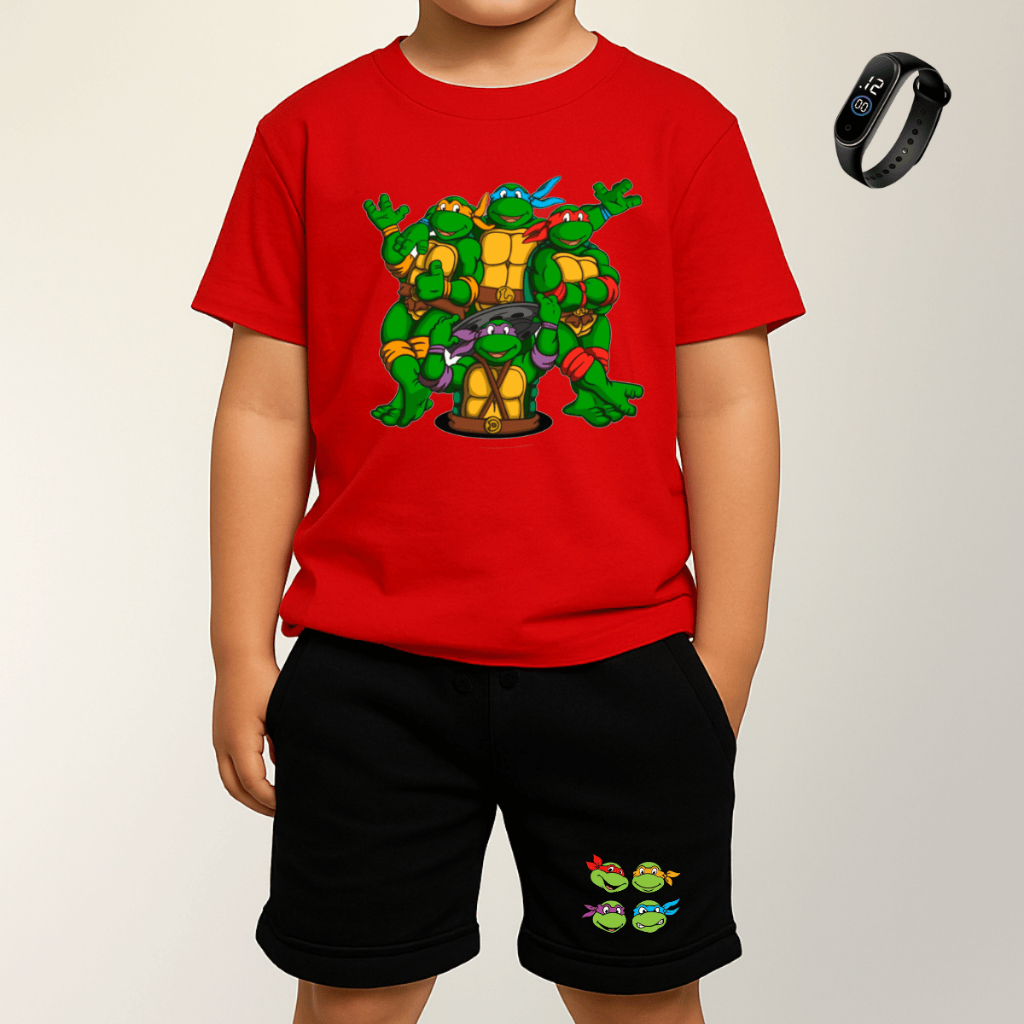 Kit camisa e short com relógio digital infantil menino estampada tartarugas ninjas malha 100% algodão camiseta e bermuda