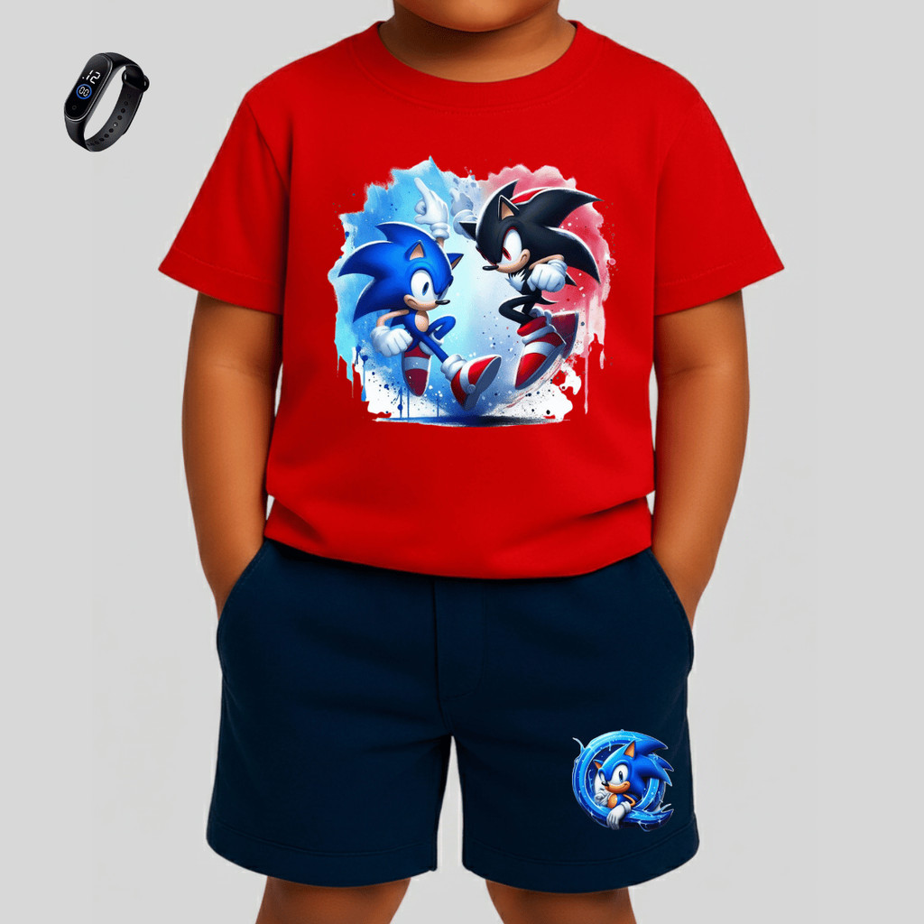 Kit conjunto camiseta e bermuda com relógio digital infantil menino estampada sonic shadow camisa e short