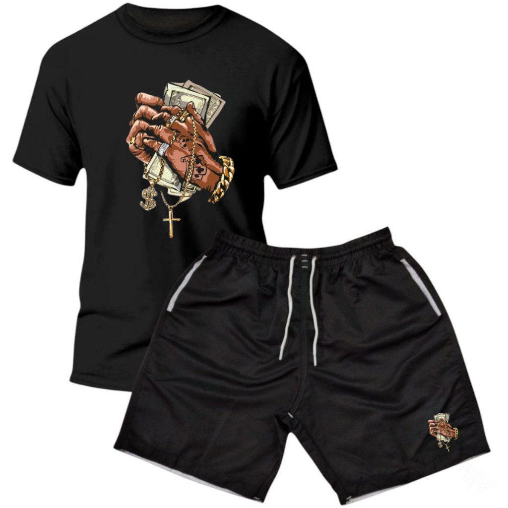 Kit Camiseta Masculina + Bermuda Masculina Estampada Tactel + Relógio Digital de Brinde