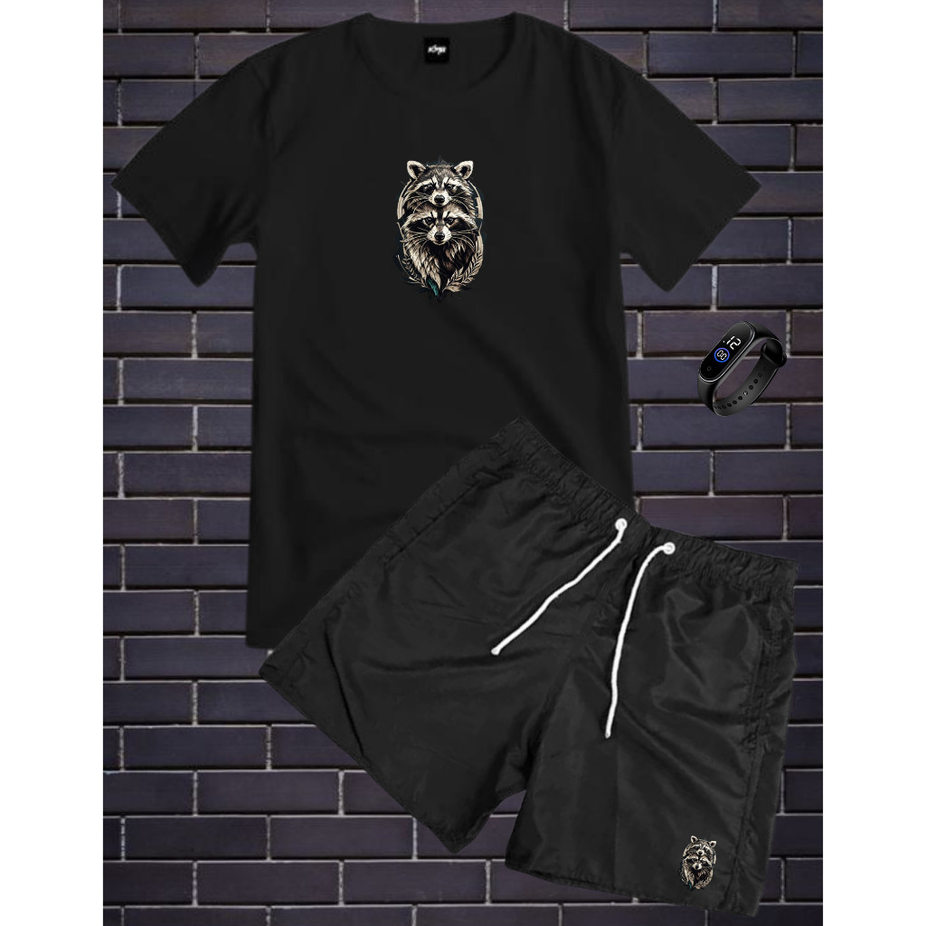Conjunto Kit Masculino Guax Camisa 100% Algodão Fio 30.1 Mais Bermuda Tactel Estampada Mais Relógio Digital