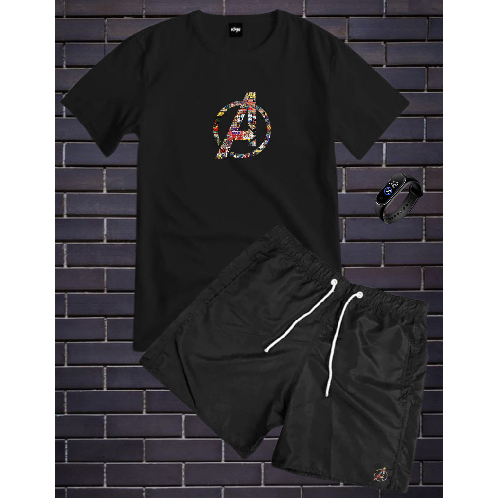 Conjunto Kit Masculino Avangers  Camisa 100% Algodão + Bermuda TacTel Estampada + Relogio Digital A Prova D'agua