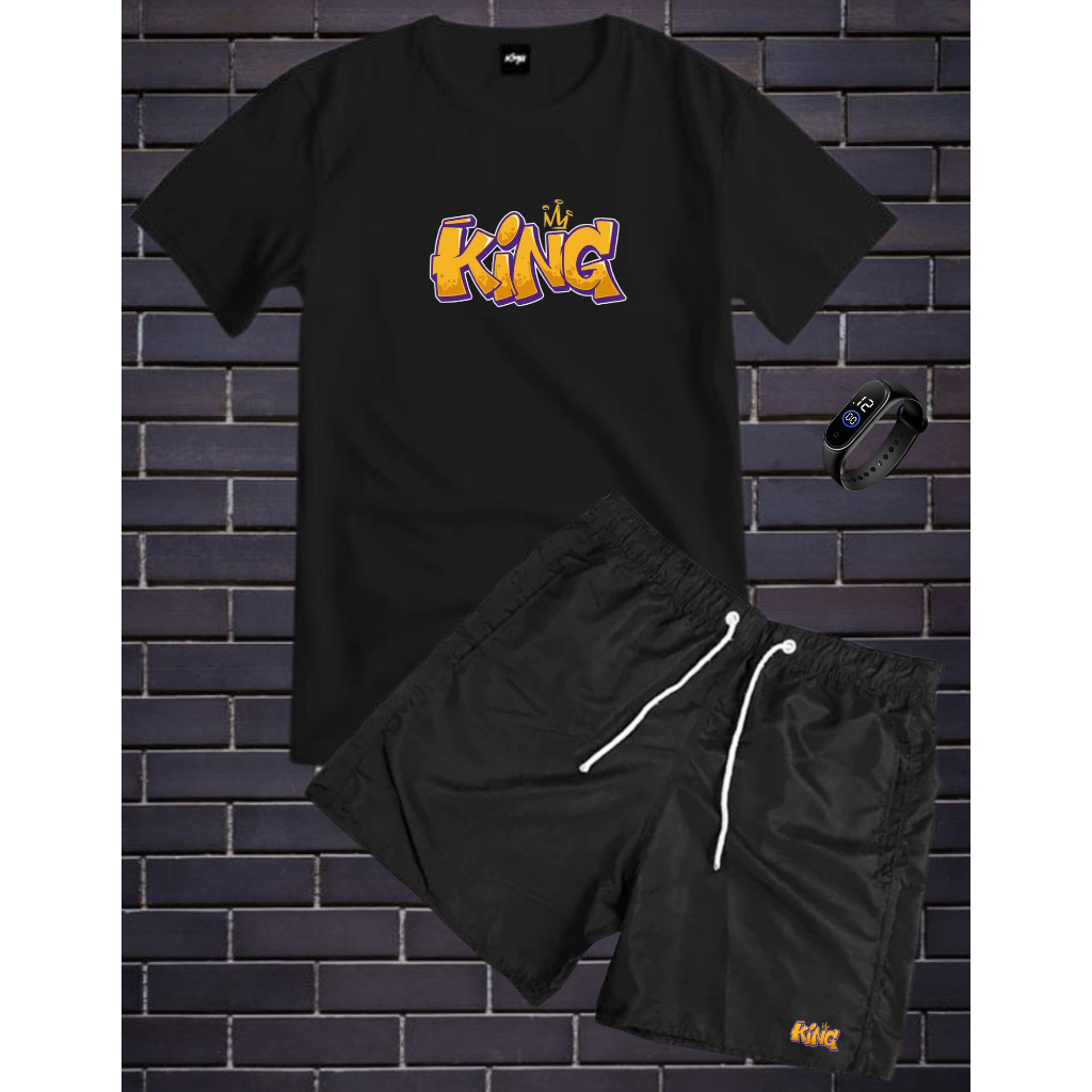 Conjunto Kit Masculino  Camisa Estampada 100% Algodão Fio 30.1 + Bermuda Tactel Estampada + RELOGIO DIGITAL PROVA D'AGUA