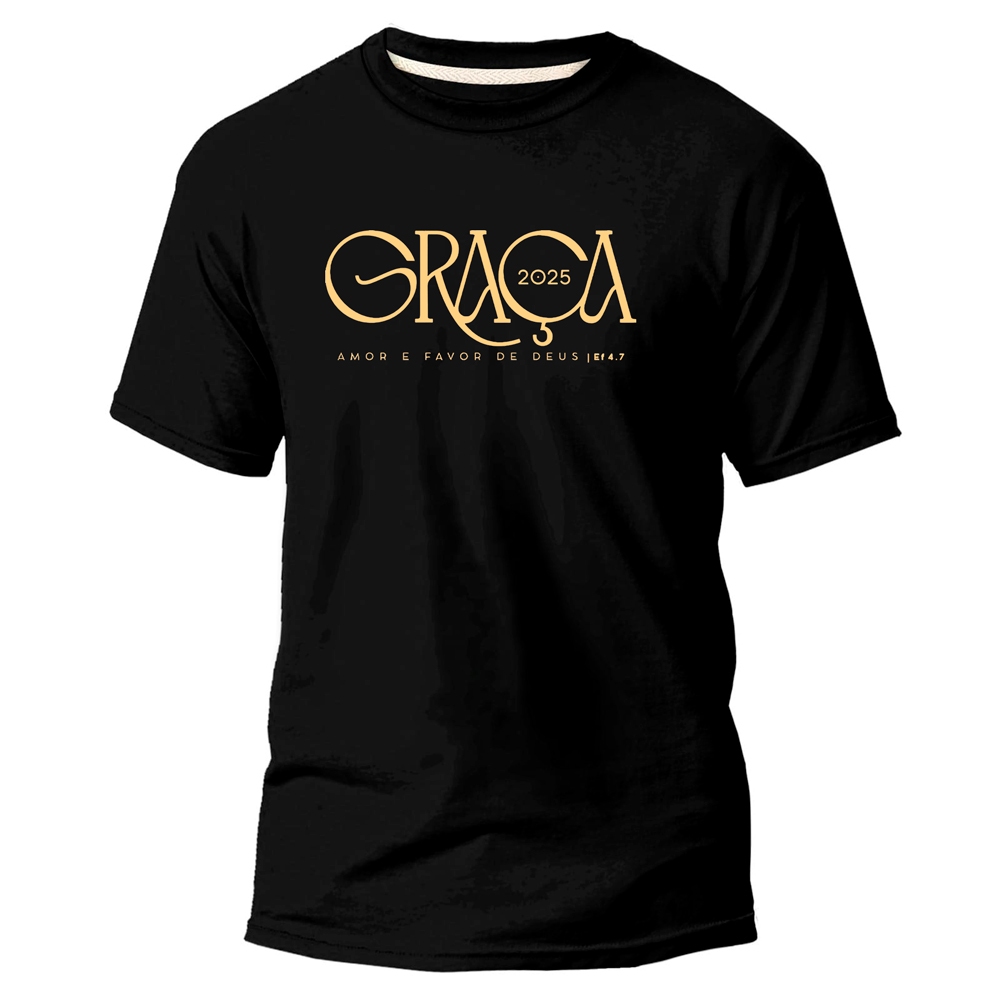 Camiseta 100% Algodão Premium Camisa Estampada Digital Cristão Evangélico Igreja Graça Promoção Exclusiva Dourado