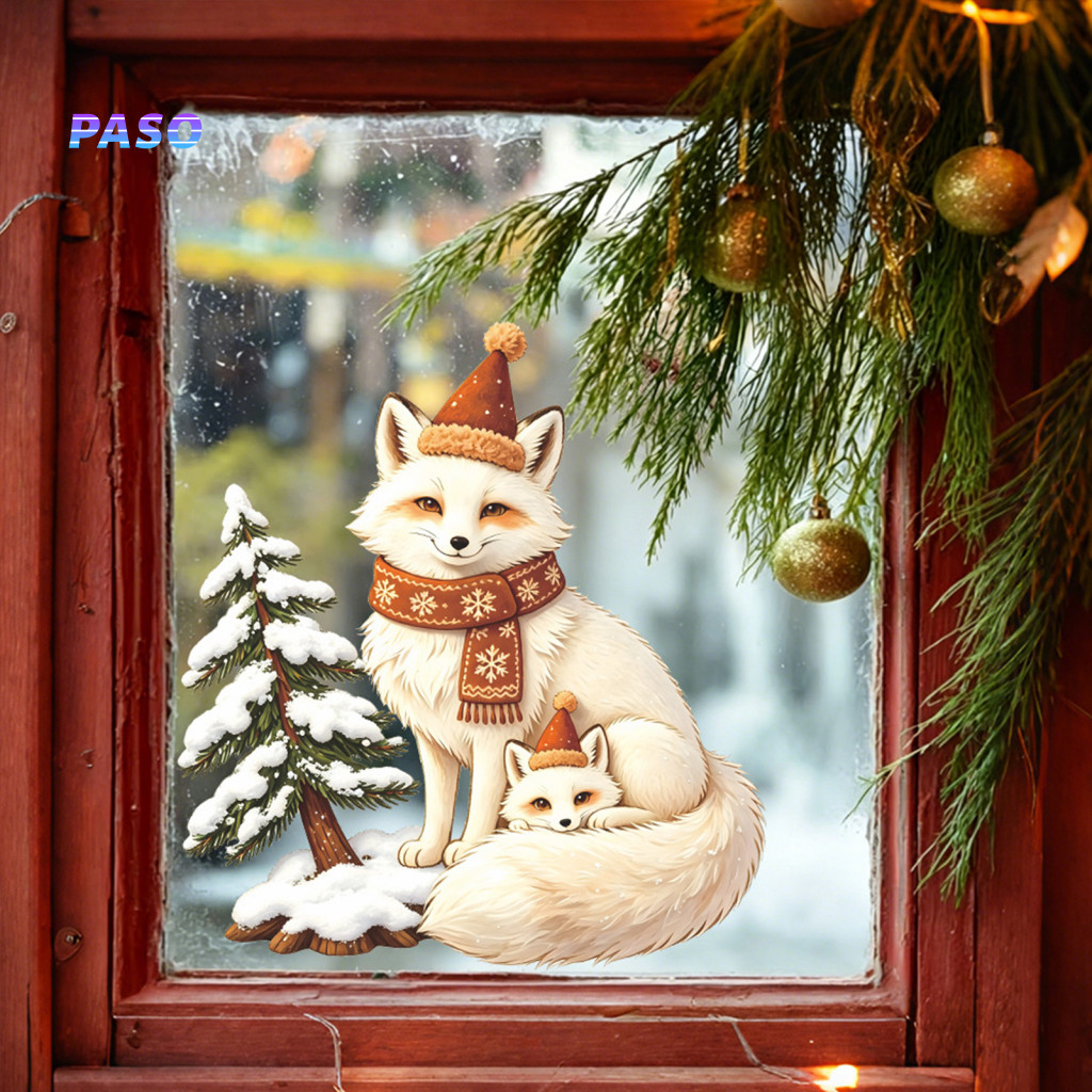 Fox Window Decals Adhesive Balcony Decor Christmas Clings Reusable Double-sided Winter Forest Static Stickers Cute Holid