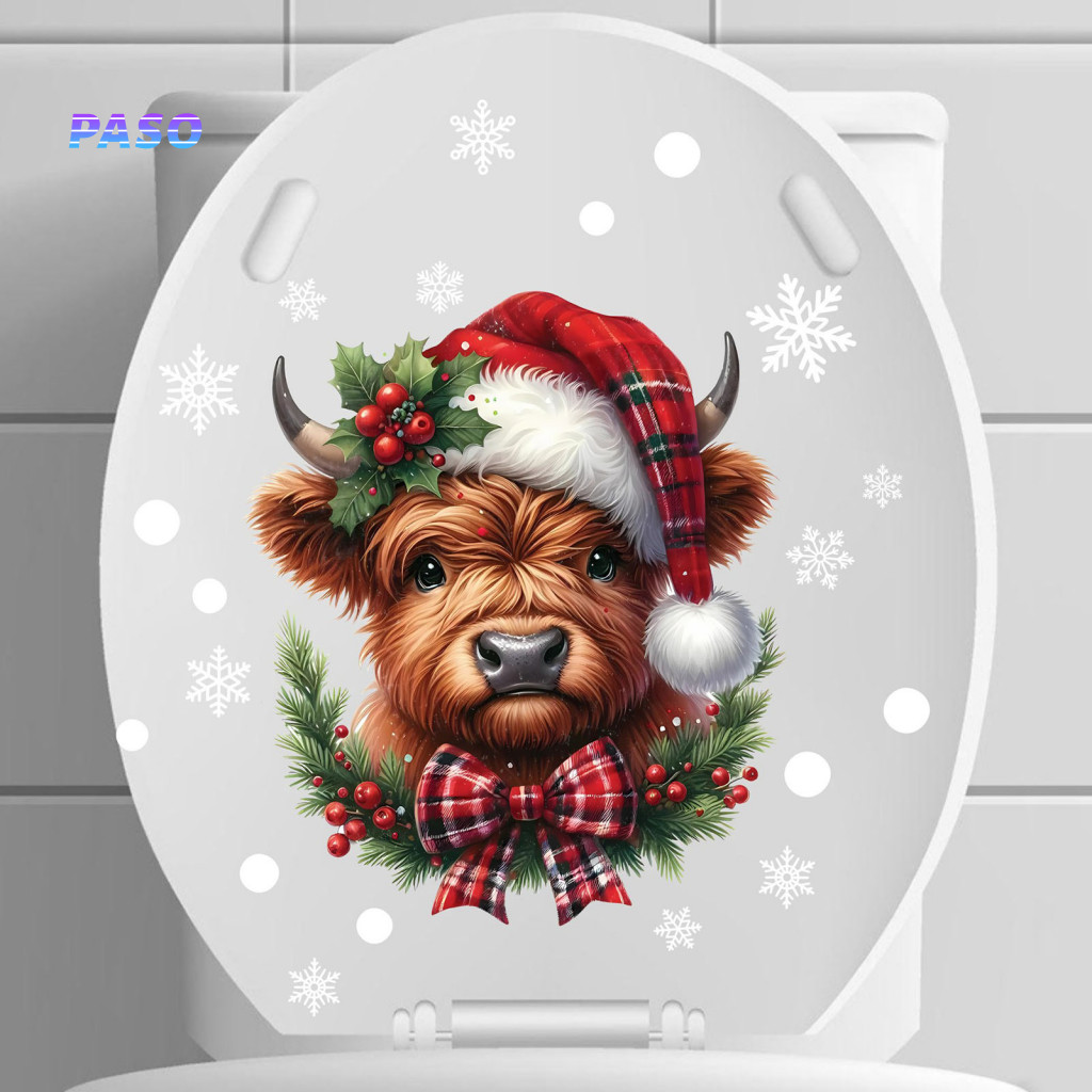 Diy Glass Clings for Room Decorative Window Decals for Home Cute Highland Cow Christmas with Santa Hat – Double-sided