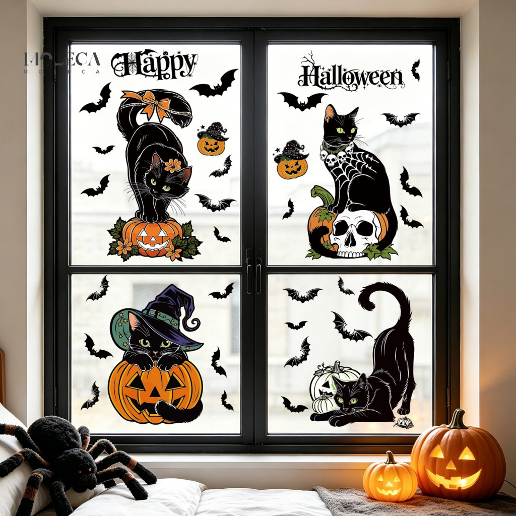 Halloween Window Cling Removable Glass Sticker 4 Sheets Black Cat Clings Reusable Double-sided Static Decals for Doors M
