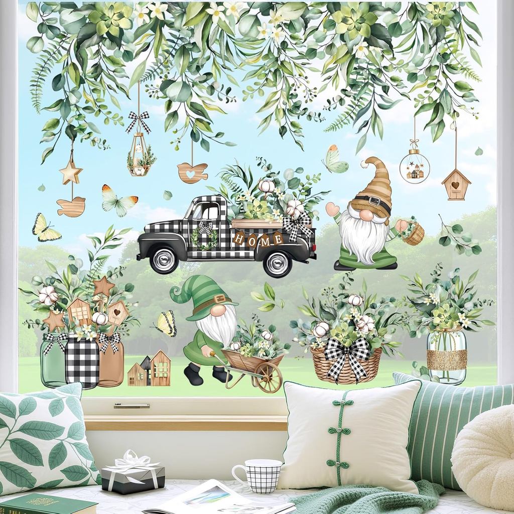 decalmile Spring Summer Hanging Vine Eucalyptus Leaves Double Sided Window Clings Green Leaf Gnome Truck Anti-Collision