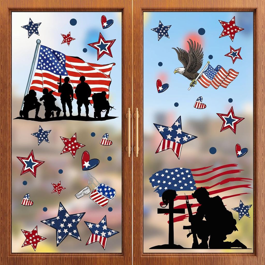 ZAWE 9 Sheets Soldiers Stars Patriotic America Memorial Day 4th of July Window Clings Double-Sided Reusable Static Windo