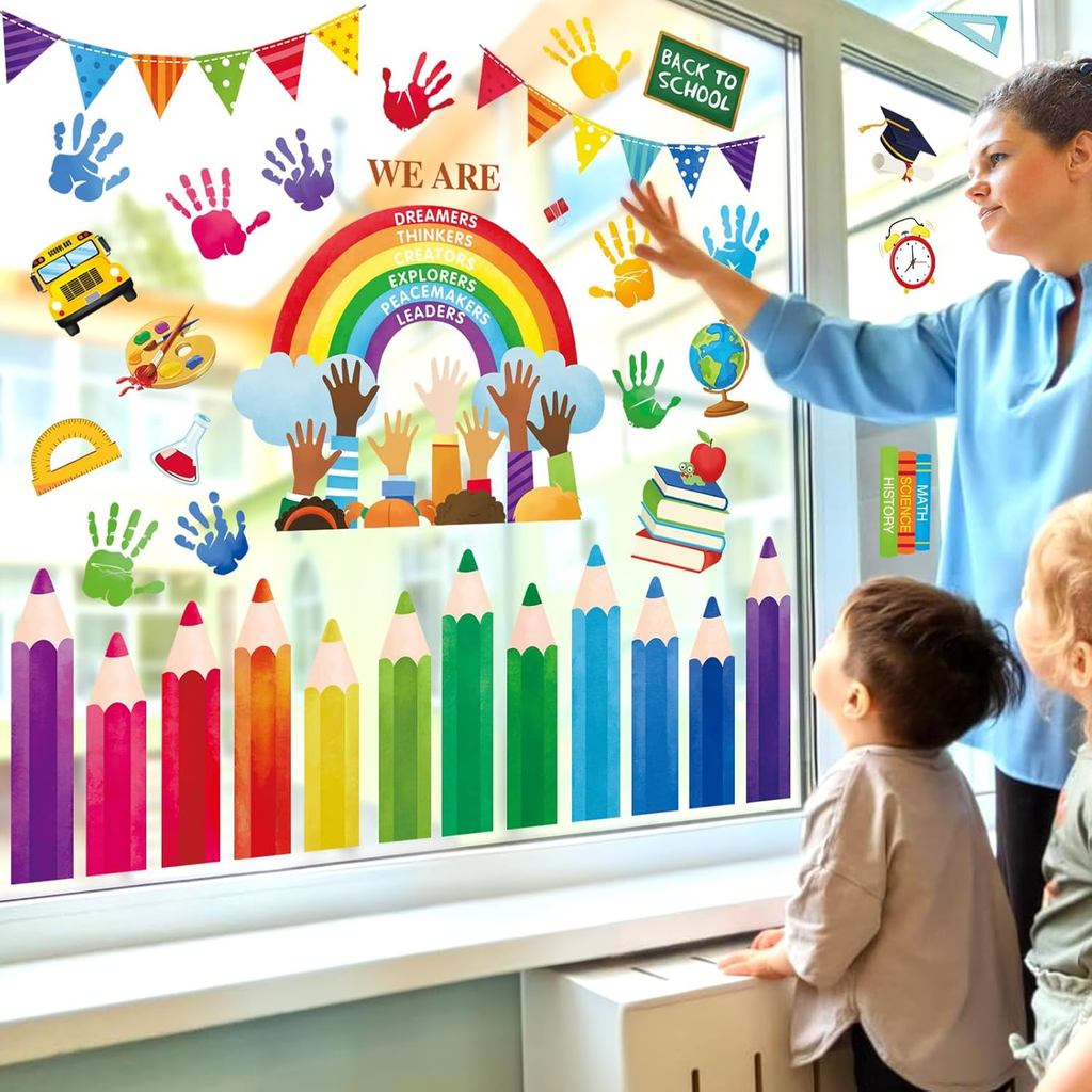 decalmile Back to School Rainbow Colorful Pencils Double Sided Window Clings Window Decals Anti-Collision Window Sticker