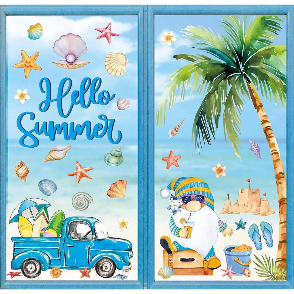 Whaline 6 Sheet Hello Summer Window Clings Large Palm Tree Sun Beach Gnome Window Decals Watercolor Double-Sided Glass S