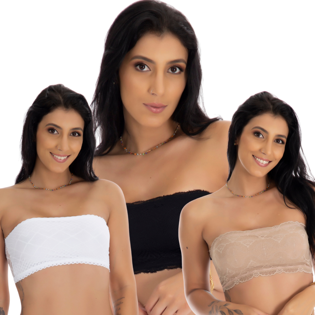 Kit 3  Top Faixa de Renda Feminino Sem Bojo Com Forro Tomara Que Caia