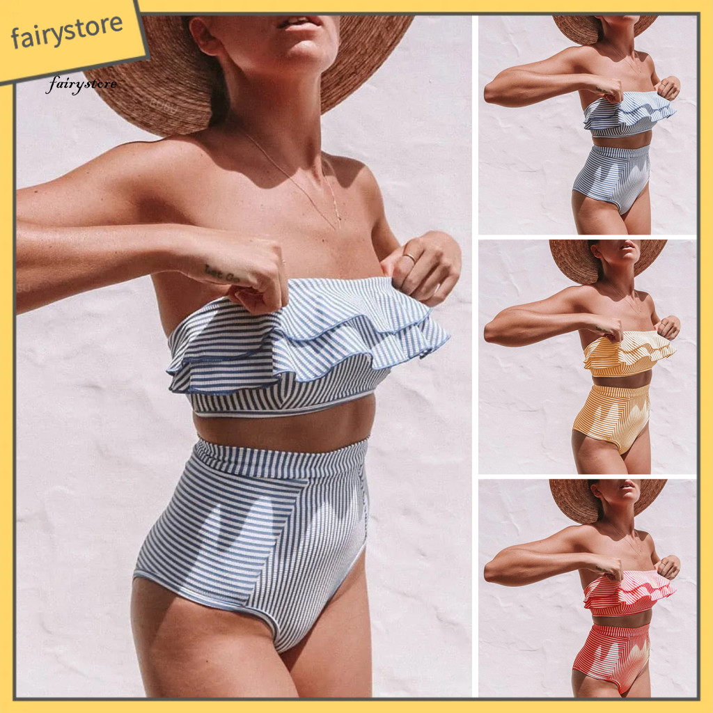 Beachwear Outfit Pull-on Style Bikini Set 2pcs Women Ruffle Trim Bandeau Padded Push-up Bra High Waisted Striped Swimwea