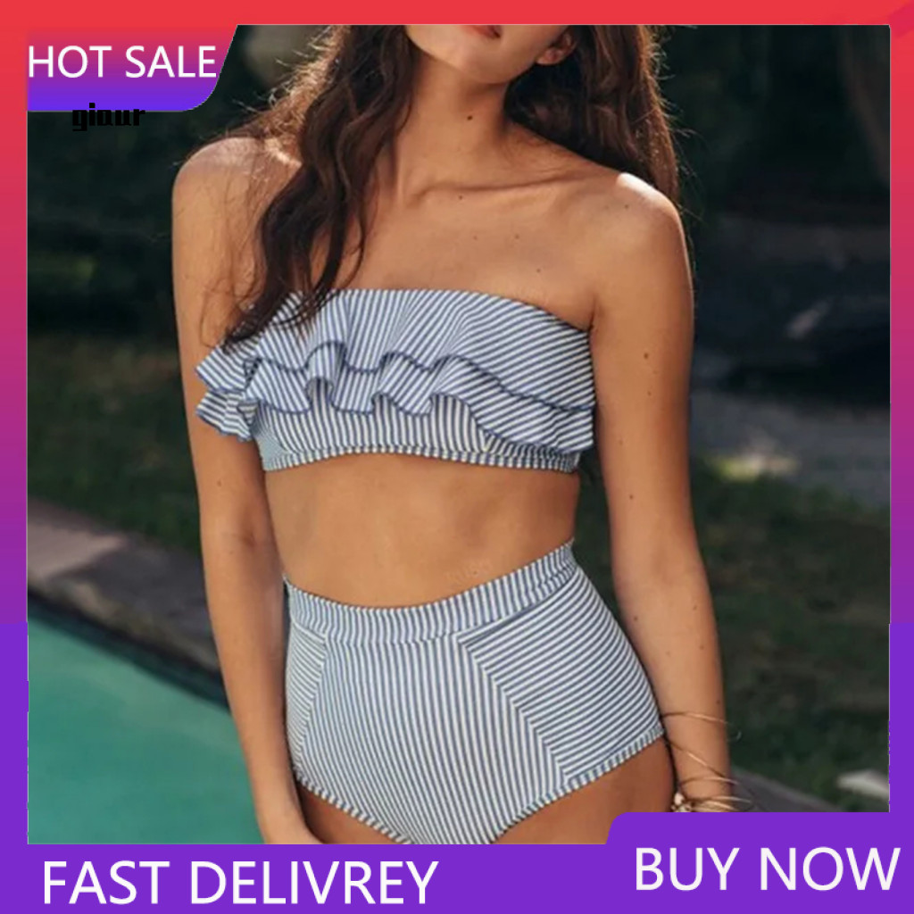 Elastic Bikini Set Pull-on Style 2pcs Women Ruffle Trim Bandeau Padded Push-up Bra High Waisted Striped Beachwear Swimwe