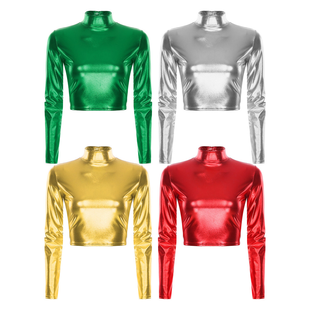 inhzoy Women Metallic Shiny Long Sleeve Crop Top Ladies Fashion Glossy Solid Color Mock Neck T-shirt Club Stage Costume