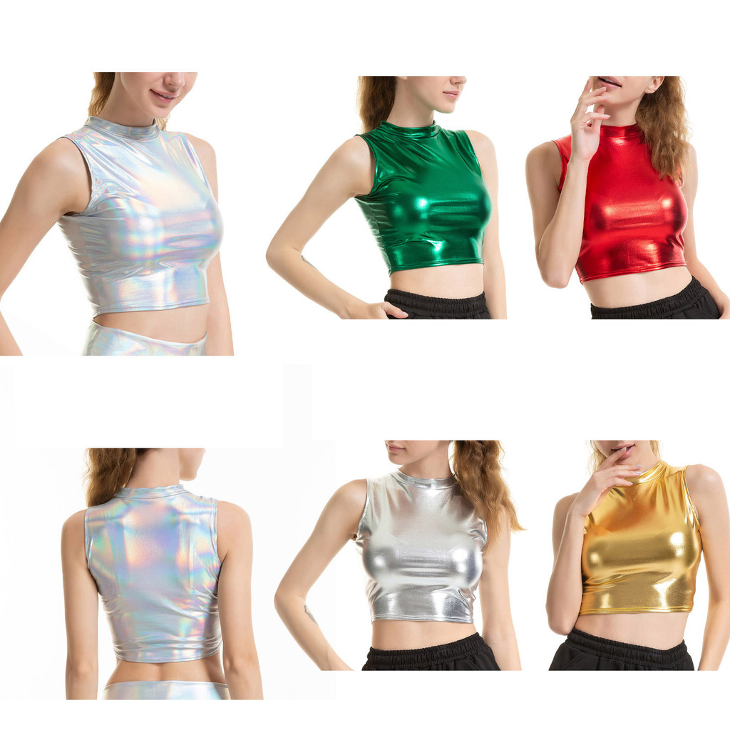 inhzoy Fashion Metallic Shiny Sleeveless Crop Top Clubwear Ladies Glossy Crew Neck T-Shirt Vest Tops for Women