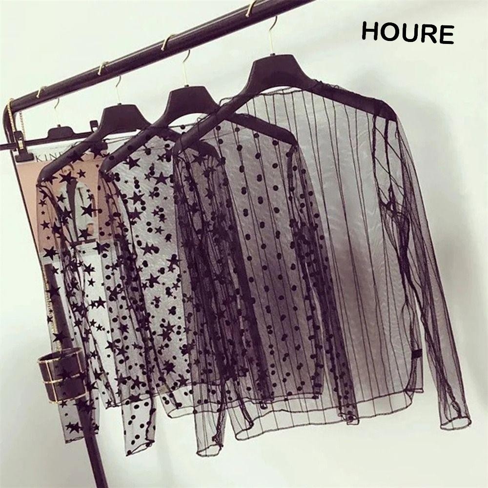 Camiseta Transparente HOURE Lace T shirt , See-Through Long Sleeve Mesh Ladies Tops , Fashion Fishnet Turtleneck Floral