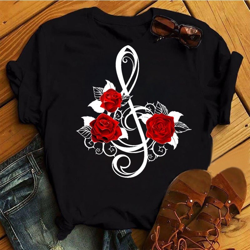 Novas Mulheres Da Moda Camisa Preta De T Vermelho Rosa Nota Musical Impresso Camiseta Harajuku Bonito  Feminina Ladies