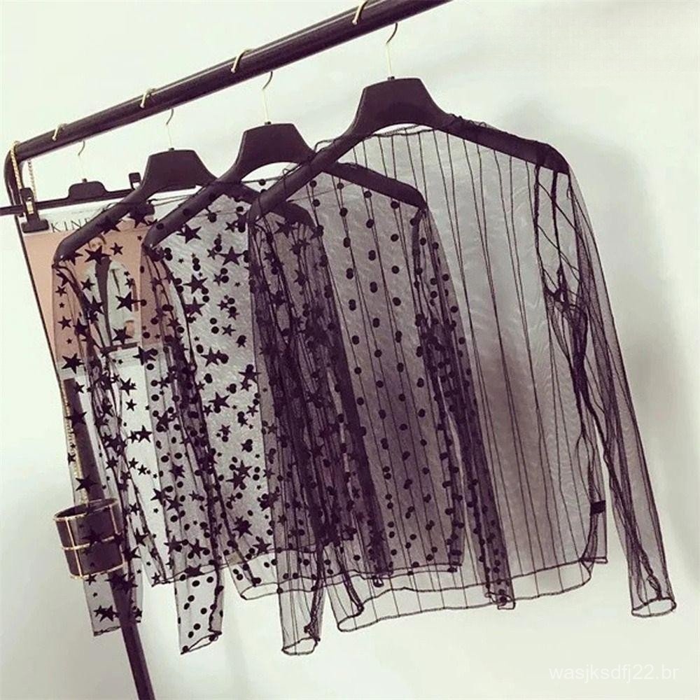 Camiseta Transparente HOURE Lace T shirt , See-Through Long Sleeve Mesh Ladies Tops , Fashion Fishnet Turtleneck Floral