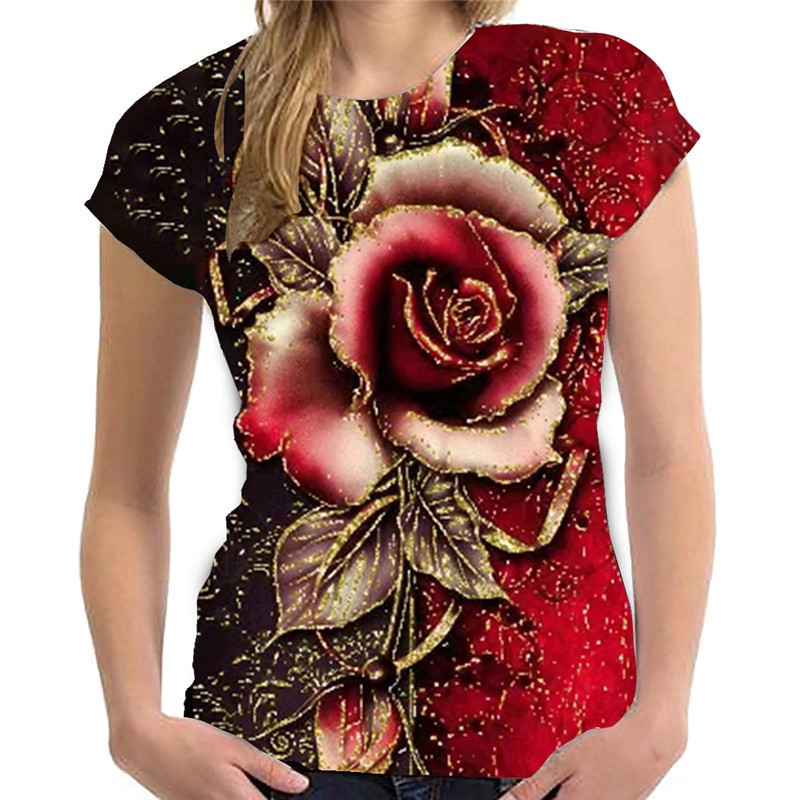 Camiseta Harajuku Fashion streetwear Rosa Dourada Manga Curta Rose 3d Print Ladies Shirt