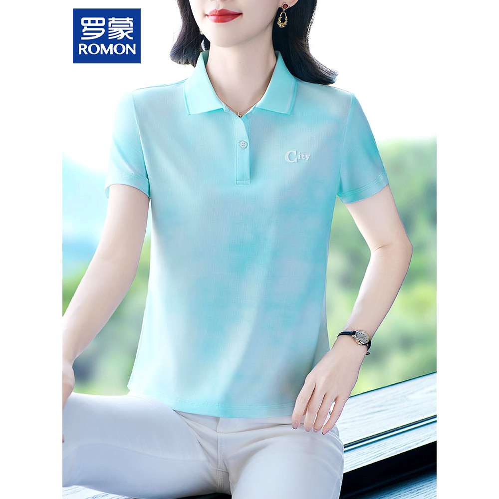 Lomon Young Ladies Summer Fashion Top Mulheres de meia-idade Cor sólida Lapela Camiseta de manga curta Mãe