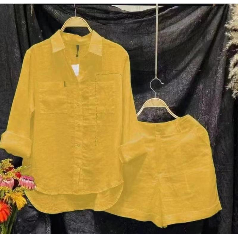 Summer Fashion Shirt Suit Ladies Loose Casual Confortável Fato de duas peças de roupa feminina de cor sólida