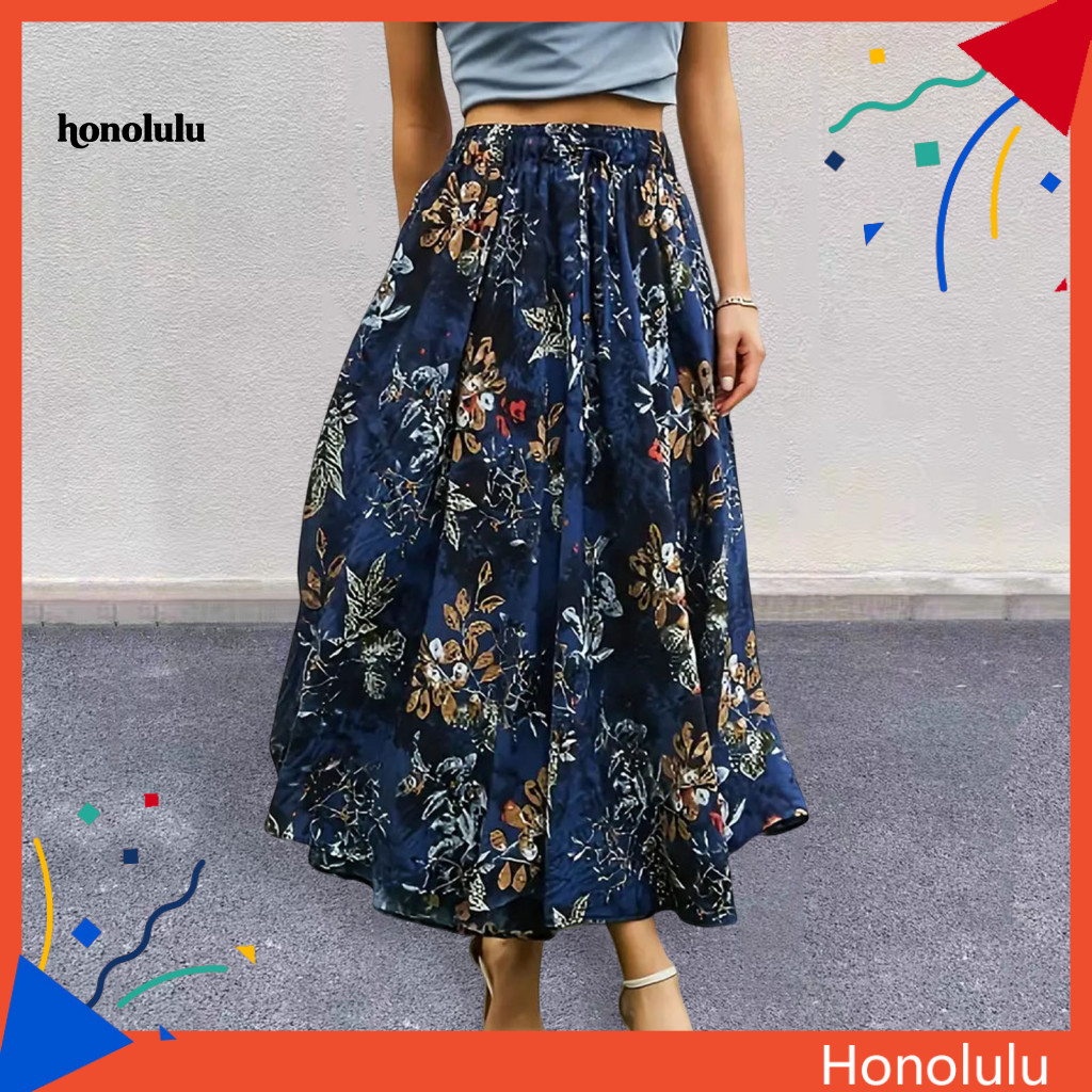 Women Long Skirt High-waisted Maxi Women’s with Adjustable Drawstring High Waist Elastic Floral Print Hem Pockets –