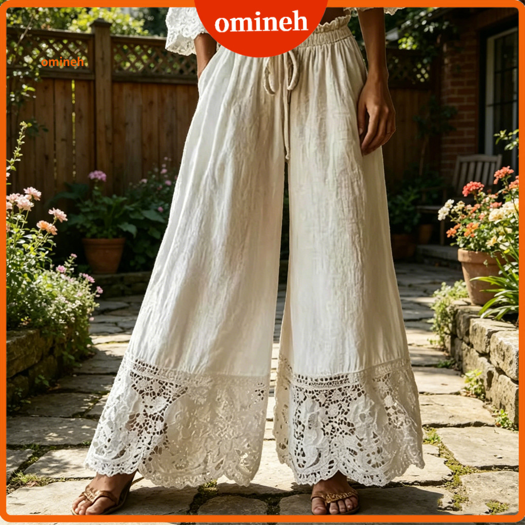 Women Pants Body Types Women’s High Waist Summer Adjustable Drawstring Loose Fit Long Trousers with Lace Hem – Light