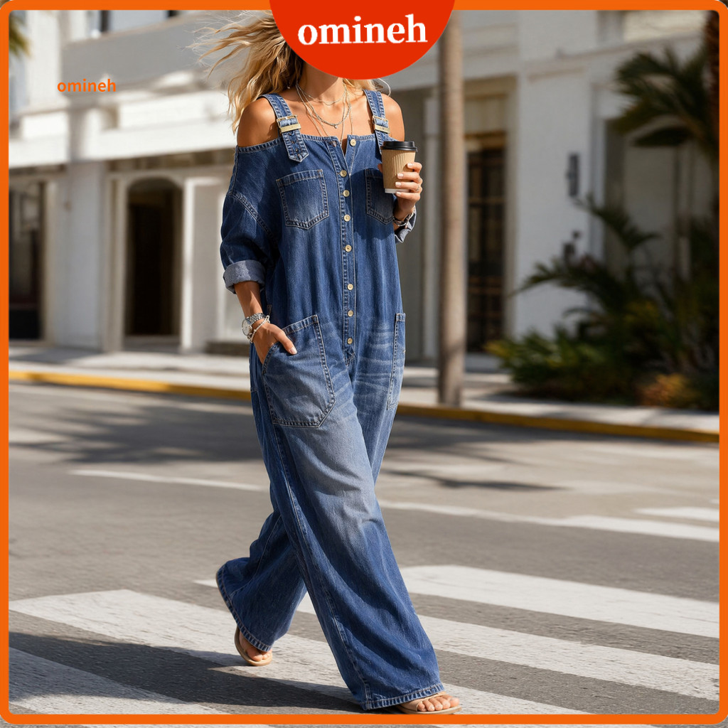 Lightweight Women Jumpsuit Everyday Wear Women’s Summer Denim – Off Shoulder Long Sleeve Loose Fit Adjustable Straps