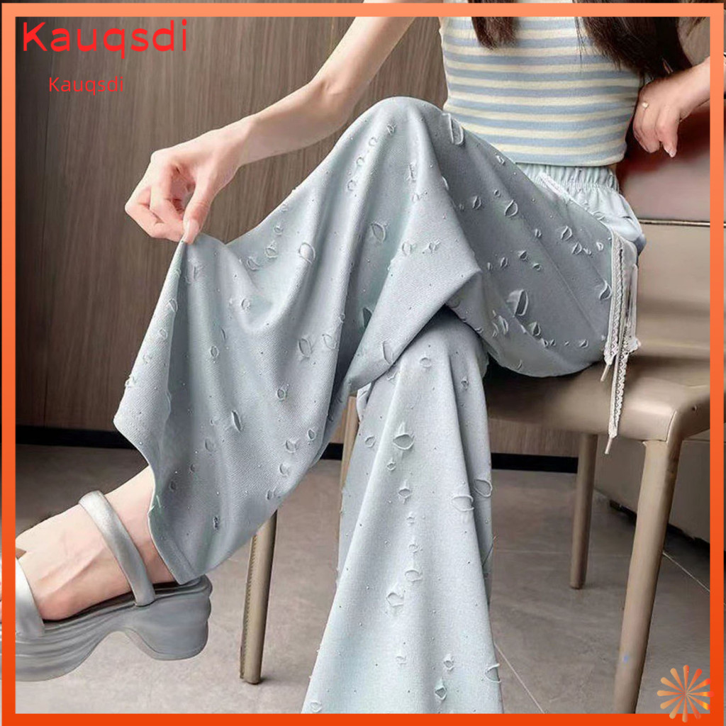 Women Pants Wide Leg Women’s High Waist Elastic Waistband with Adjustable Drawstring Distressed Holes Loose Fit Long T