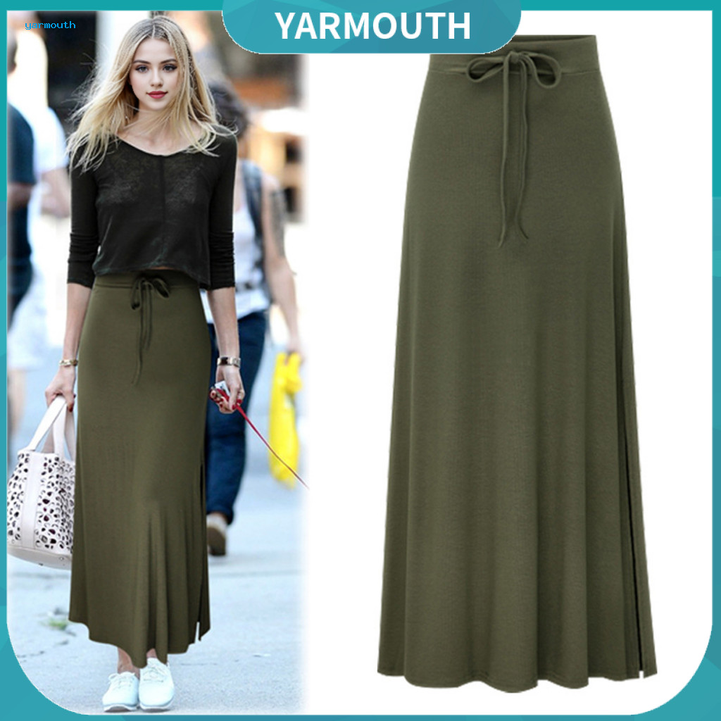Drawstring Maxi Skirt High-waisted Long High Waist Elastic Adjustable A-line with Side Split Solid Color for Women for S