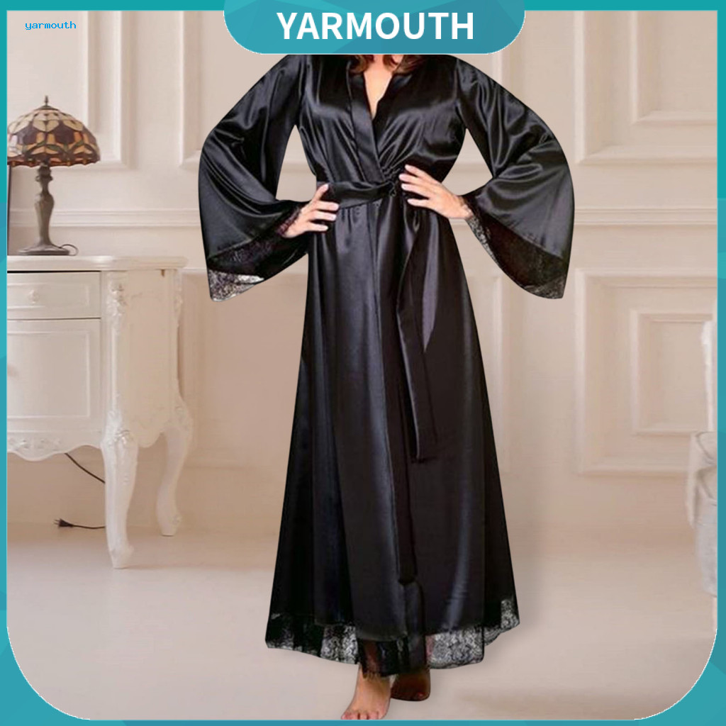 Women Lace Nightgown Long Sleeve Women’s Satin with Adjustable Waist Tie V Neck Hollow Cuffs – Elegant Sleepwear for